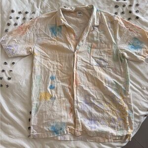 Zara Cream Linen Watercolor Shirt